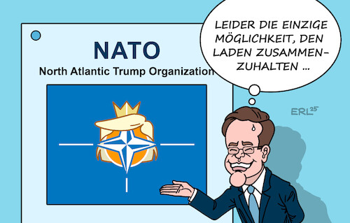 Cartoon: Hoffentlich gefällts ihm! (medium) by Erl tagged politik,nato,gipfel,rutte,schmeichelei,trump,zusammenhalt,verteidigung,karikatur,erl,politik,nato,gipfel,rutte,schmeichelei,trump,zusammenhalt,verteidigung,karikatur,erl