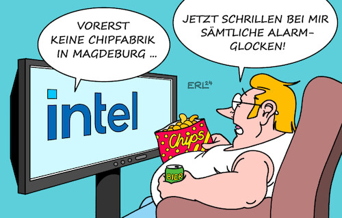 Cartoon: intel (medium) by Erl tagged politik,intel,hersteller,halbleiter,chip,mikrochip,computer,fabrik,magdeburg,bau,verschiebung,sparkurs,karikatur,erl,politik,intel,hersteller,halbleiter,chip,mikrochip,computer,fabrik,magdeburg,bau,verschiebung,sparkurs,karikatur,erl