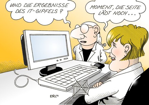 Cartoon: IT-Gipfel (medium) by Erl tagged it,internet,deutschland,langsam,dsl,merkel,gipfel,it,internet,deutschland,langsam,dsl,angela merkel,gipfel,computer,ladezeit,angela,merkel