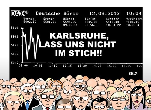 Cartoon: Karlsruhe Börse (medium) by Erl tagged spekulation,börse,schulden,krise,euro,rettungsschirm,esm,urteil,bundesverfassungsgericht,karlsruhe,sicherheit,finanzen,wirtschaft,währung,gemeinschaftswährung,nervosität,karlsruhe,börse,urteil,esm,rettungsschirm,euro,krise,schulden,spekulation,sicherheit