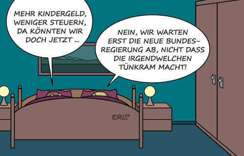 Cartoon: Kindergeld (medium) by Erl tagged politik,ampel,erhöhung,kindergeld,steuersenkung,neuwahlen,wahlkampf,tünkram,schlafzimmer,karikatur,erl,politik,ampel,erhöhung,kindergeld,steuersenkung,neuwahlen,wahlkampf,tünkram,schlafzimmer,karikatur,erl