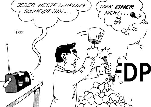 Cartoon: Lehrling (medium) by Erl tagged lehrstelle,lehrling,auszubildender,azubi,abbruch,fdp,vorsitz,philipp,rösler,zerstörung,durchhaltevermögen