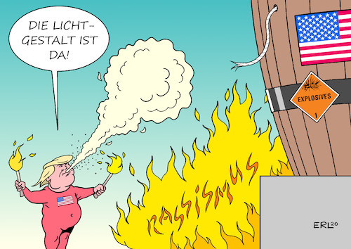Cartoon: Lichtgestalt (medium) by Erl tagged politik,usa,wahl,präsidentschaft,wahlkampf,präsident,donald,trump,law,and,order,angst,schüren,rassimus,proteste,unruhen,retter,lichtgestalt,pulverfass,feuerspucker,karikatur,erl,politik,usa,wahl,präsidentschaft,wahlkampf,präsident,donald,trump,law,and,order,angst,schüren,rassimus,proteste,unruhen,retter,lichtgestalt,pulverfass,feuerspucker,karikatur,erl