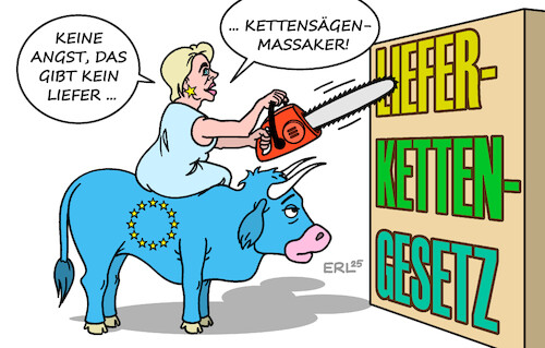 Cartoon: Lieferkettengesetz (medium) by Erl tagged politik,eu,entschärfung,lieferkettengesetz,kettensäge,umwelt,menschenrechte,europa,stier,von,der,leyen,karikatur,erl,politik,eu,entschärfung,lieferkettengesetz,kettensäge,umwelt,menschenrechte,europa,stier,von,der,leyen,karikatur,erl