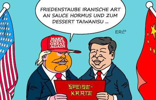 Cartoon: Menü (medium) by Erl tagged politik,usa,trump,besuch,china,xi,irankrieg,ende,blockade,straße,von,hormus,einverleibung,taiwan,menü,karikatur,erl,politik,usa,trump,besuch,china,xi,irankrieg,ende,blockade,straße,von,hormus,einverleibung,taiwan,menü,karikatur,erl