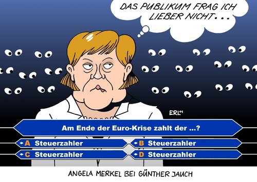 Cartoon: Merkel bei Jauch (medium) by Erl tagged talk,talkshow,gasr,merkel,angela,bundeskanzlerin,günther,jauch,euro,eurokrise,schulden,kredit,rettungsschirm,banken,steuerzahler,zeche,publikum,frage,bundeskanzlerin,merkel,talkshow,günther,günther jauch,euro,eurokrise,jauch