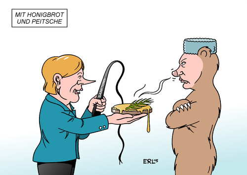Cartoon: Merkel bei Putin (medium) by Erl tagged angela,merkel,wladimir,putin,ukraine,krieg,diplomatie,sanktionen,zuckerbrot,peitsche,honigbrot,frieden,bär,ostukraine,separatisten,karikatur,erl,angela,merkel,wladimir,putin,ukraine,krieg,diplomatie,sanktionen,zuckerbrot,peitsche,honigbrot,frieden,bär,ostukraine,separatisten