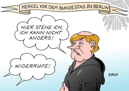 Cartoon: Merkel Bundestag (medium) by Erl tagged erl,karikatur,worms,reichstag,widerruf,forderung,zitat,luther,martin,glaube,überzeugung,kurs,verteidigung,kritik,flüchtlingspolitik,flüchtlinge,merkel,angela,bundeskanzlerin,opposition,abrechnung,debatte,kanzleramt,haushalt,bundestag,bundestag,haushalt,kanzleramt,debatte,abrechnung,opposition,bundeskanzlerin,angela,merkel,flüchtlinge,flüchtlingspolitik,kritik,verteidigung,kurs,überzeugung,glaube,martin,luther,zitat,forderung,widerruf,reichstag,worms,karikatur,erl