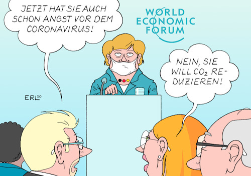 Cartoon: Merkel in Davos (medium) by Erl tagged politik,wirtschaft,weltwirtschaft,forum,world,economic,davos,klima,klimawandel,klimaschutz,co2,reduzierung,rede,bundeskanzlerin,angela,merkel,china,coronavirus,krankheit,lunge,angst,mundschutz,karikatur,erl,politik,wirtschaft,weltwirtschaft,forum,world,economic,davos,klima,klimawandel,klimaschutz,co2,reduzierung,rede,bundeskanzlerin,angela,merkel,china,coronavirus,krankheit,lunge,angst,mundschutz,karikatur,erl