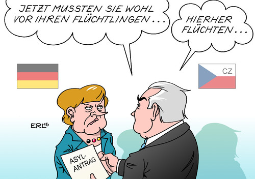 Cartoon: Merkel in Tschechien (medium) by Erl tagged bundeskanzlerin,angela,merkel,deutschland,besuch,tschechien,präsident,milos,zeman,thema,flüchtlinge,willkommenskultur,ablehnung,angst,fremdenfeindlichkeit,rechtspopulismus,eu,verteilung,asylrecht,asyl,asylantrag,flucht,flagge,karikatur,erl,bundeskanzlerin,angela,merkel,deutschland,besuch,tschechien,präsident,milos,zeman,thema,flüchtlinge,willkommenskultur,ablehnung,angst,fremdenfeindlichkeit,rechtspopulismus,eu,verteilung,asylrecht,asyl,asylantrag,flucht,flagge,karikatur,erl