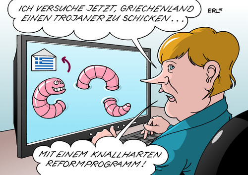 Cartoon: Merkel PC Griechenland (medium) by Erl tagged bundestag,internet,intranet,pc,it,hacker,angriff,hackerangriff,cyberangriff,viren,trojaner,virenschutz,mangelhaf,griechenland,krise,schulden,euro,eu,ezb,iwf,hilfe,bedingung,sparkurs,reformen,reformprogramm,karikatur,erl,bundestag,internet,intranet,pc,it,hacker,angriff,hackerangriff,cyberangriff,viren,trojaner,virenschutz,mangelhaf,griechenland,krise,schulden,euro,eu,ezb,iwf,hilfe,bedingung,sparkurs,reformen,reformprogramm