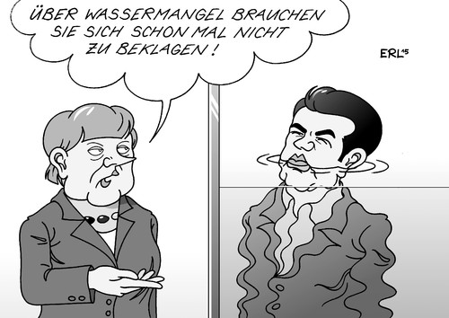 Cartoon: Merkel sieht das Positive (medium) by Erl tagged deutschland,bundeskanzlerin,angela,merkel,besuch,ministerpräsident,alexis,tsipras,griechenland,krise,schulden,euro,eu,ezb,iwf,troika,sparkurs,reformen,hilde,kredit,pleite,wasser,hals,weltwassertag,wassermangel,syriza,positiv