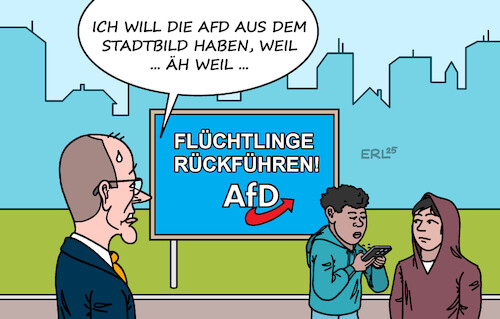 Cartoon: Merz Stadtbild (medium) by Erl tagged politik,kanzler,merz,aussage,stadtbild,flüchtlinge,rückführung,gemeinsamkeit,afd,hauptgegner,karikatur,erl,politik,kanzler,merz,aussage,stadtbild,flüchtlinge,rückführung,gemeinsamkeit,afd,hauptgegner,karikatur,erl