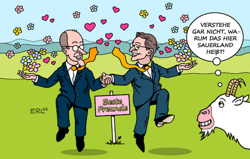 Cartoon: Merz und Wüst (medium) by Erl tagged politik,gerücht,kanzlertausch,merz,wüst,mionisterpräsident,nrw,treffen,sauerland,harmonie,karikatur,erl,politik,gerücht,kanzlertausch,merz,wüst,mionisterpräsident,nrw,treffen,sauerland,harmonie,karikatur,erl