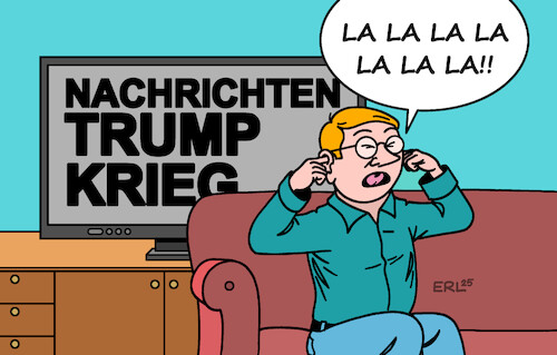 Cartoon: Nachrichtenvermeidung (medium) by Erl tagged politik,nachrichten,krieg,trump,vermeidung,belastung,psyche,schutz,fernsehen,karikatur,erl,politik,nachrichten,krieg,trump,vermeidung,belastung,psyche,schutz,fernsehen,karikatur,erl