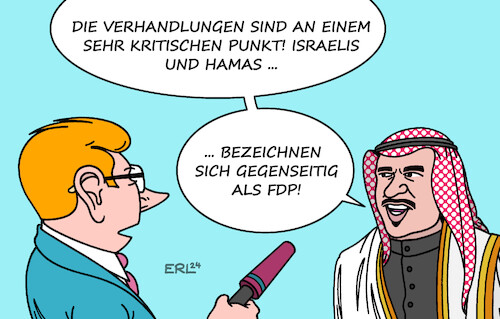 Cartoon: Nahost-Verhandlungen III (medium) by Erl tagged politik,anschlag,angriff,überfall,terror,hamas,israel,reaktion,gaza,krieg,tötung,ismail,haniyya,gebiet,iran,gefahr,gegenschlag,hisbollah,libanon,verhandlungen,doha,katar,schwierig,vergleich,ampel,spd,grüne,fdp,streit,haushalt,karikatur,erl,politik,anschlag,angriff,überfall,terror,hamas,israel,reaktion,gaza,krieg,tötung,ismail,haniyya,gebiet,iran,gefahr,gegenschlag,hisbollah,libanon,verhandlungen,doha,katar,schwierig,vergleich,ampel,spd,grüne,fdp,streit,haushalt,karikatur,erl