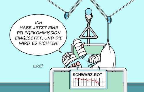 Cartoon: Pflege (medium) by Erl tagged politik,pflege,kommission,regierung,koalition,cdu,csu,spd,schwarz,rot,zustand,streit,chaos,krankenbett,karikatur,erl,politik,pflege,kommission,regierung,koalition,cdu,csu,spd,schwarz,rot,zustand,streit,chaos,krankenbett,karikatur,erl