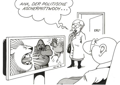 Cartoon: Politischer Aschermittwoch (medium) by Erl tagged aschermittwoch,politisch,rede,bier,schau,löwe,gorilla,hahn