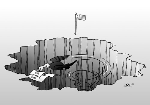 Cartoon: Reformliste (medium) by Erl tagged griechenland,schulden,pleite,krise,euro,eu,ezb,iwf,sparkurs,bedingung,hilfe,kredit,reformen,reformliste,milliardenloch,pleitegeier