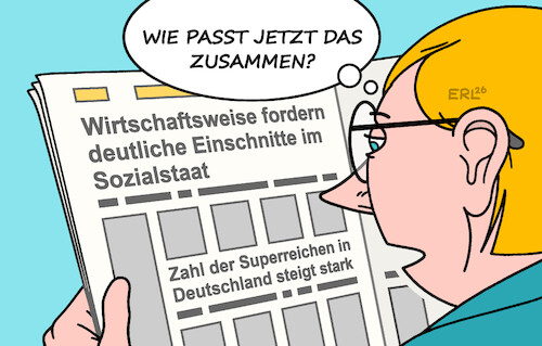 Cartoon: Schlagzeilen (medium) by Erl tagged politik,gesellschaft,soziales,wirtschaft,wirtschaftsweise,einschnitte,sozialstaat,geld,anstieg,zahl,superreiche,deutschland,zeitung,schlagzeilen,karikatur,erl,politik,gesellschaft,soziales,wirtschaft,wirtschaftsweise,einschnitte,sozialstaat,geld,anstieg,zahl,superreiche,deutschland,zeitung,schlagzeilen,karikatur,erl