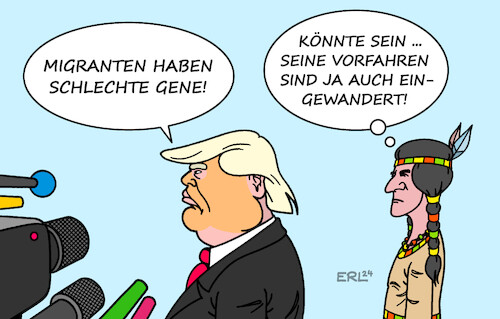 Cartoon: Schlechte Gene (medium) by Erl tagged politik,usa,donald,trump,rassismus,beleidigung,migranten,gene,einwanderung,indigene,ureinwohner,karikatur,erl,politik,usa,donald,trump,rassismus,beleidigung,migranten,gene,einwanderung,indigene,ureinwohner,karikatur,erl