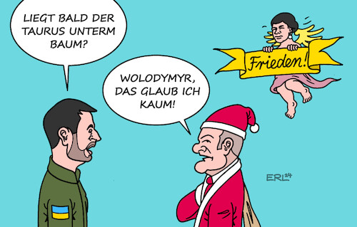 Cartoon: Scholz in Kiew (medium) by Erl tagged politik,krieg,russland,ukraine,scholz,kiew,selenskyj,taurus,weihnachtsmann,frieden,wahlkampf,wagenknecht,karikatur,erl,politik,krieg,russland,ukraine,scholz,kiew,selenskyj,taurus,weihnachtsmann,frieden,wahlkampf,wagenknecht,karikatur,erl