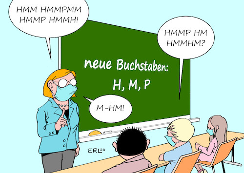 Cartoon: Schule mit Maske (medium) by Erl tagged politik,corona,virus,pandemie,lockdown,schule,öffnung,schuljahr,regelung,hygiene,abstand,masken,maskenpflicht,nrw,schulbeginn,maske,sprache,aussprache,undeutlich,deutsch,buchstaben,unterricht,lehrerin,schüler,schülerin,karikatur,erl,politik,corona,virus,pandemie,lockdown,schule,öffnung,schuljahr,regelung,hygiene,abstand,masken,maskenpflicht,nrw,schulbeginn,maske,sprache,aussprache,undeutlich,deutsch,buchstaben,unterricht,lehrerin,schüler,schülerin,karikatur,erl