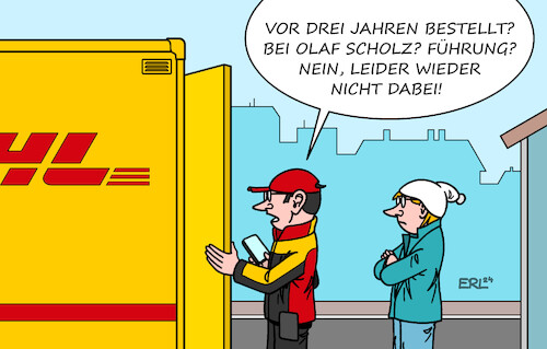 Cartoon: Sendungsverfolgung (medium) by Erl tagged politik,bundeskanzler,olaf,scholz,führungsschwäche,führung,bestellt,karikatur,erl,politik,bundeskanzler,olaf,scholz,führungsschwäche,führung,bestellt,karikatur,erl