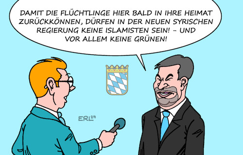 Cartoon: Söder zu Syrien (medium) by Erl tagged politik,syrien,sturz,diktator,assad,deutschland,diskussion,rückkehr,flüchtlinge,regierung,islamisten,söder,grüne,karikatur,erl,politik,syrien,sturz,diktator,assad,deutschland,diskussion,rückkehr,flüchtlinge,regierung,islamisten,söder,grüne,karikatur,erl