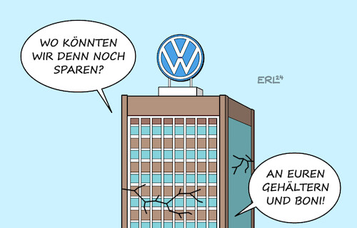 Cartoon: Sparkurs (medium) by Erl tagged politik,auto,volkswagen,vw,manager,fehler,sparkurs,nullrunden,werksschließung,sparen,gehälter,boni,karikatur,erl,politik,auto,volkswagen,vw,manager,fehler,sparkurs,nullrunden,werksschließung,sparen,gehälter,boni,karikatur,erl