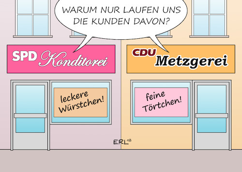Cartoon: SPD- und CDU-Krise (medium) by Erl tagged politik,spd,cdu,partei,parteien,krise,volksparteien,wähler,wählerschwund,angebot,verwaschen,uneindeutig,mitte,sozialdemokratisch,links,glaubwürdig,konservativ,rechts,geschäft,laden,konditorei,würstchen,metzgerei,törtchen,kunden,karikatur,erl,politik,spd,cdu,partei,parteien,krise,volksparteien,wähler,wählerschwund,angebot,verwaschen,uneindeutig,mitte,sozialdemokratisch,links,glaubwürdig,konservativ,rechts,geschäft,laden,konditorei,würstchen,metzgerei,törtchen,kunden,karikatur,erl