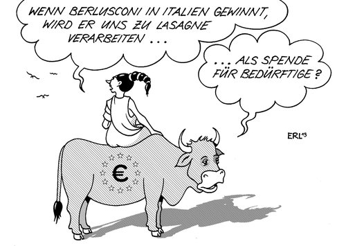 Cartoon: Spende (medium) by Erl tagged italien,wahl,berlusconi,comeback,sieg,gefahr,eu,euro,europa,stier,lasagne,pferdefleisch,skandal,spende,bedürftige,vorschlag,cdu