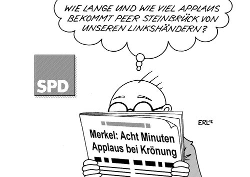 Cartoon: Steinbrück (medium) by Erl tagged spd,kanzlerkandidat,peer,steinbrück,beinfreiheit,rückhalt,partei,flügel,links,linkshänder,applaus,cdu,parteitag,merkel,vorsitz,wiederwahl,krönung