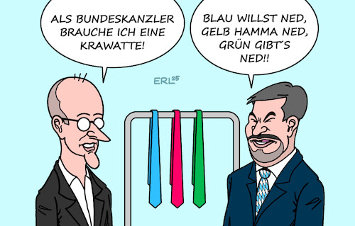 Cartoon: Stylist Söder (medium) by Erl tagged politik,bundestagswahl,2025,merz,bundeskanzler,koalition,krawatte,blau,rot,grün,gelb,stylist,söder,karikatur,erl,politik,bundestagswahl,2025,merz,bundeskanzler,koalition,krawatte,blau,rot,grün,gelb,stylist,söder,karikatur,erl