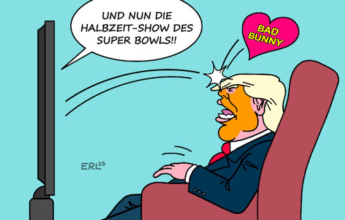 Cartoon: Super Bowl (medium) by Erl tagged politik,sport,usa,super,bowl,halbzeit,show,bad,bunny,kritik,trump,hass,liebe,karikatur,erl,politik,sport,usa,super,bowl,halbzeit,show,bad,bunny,kritik,trump,hass,liebe,karikatur,erl