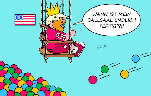 Cartoon: Trumps Ballsaal (medium) by Erl tagged politik,usa,präsident,trump,allüren,könig,bau,ballsaal,weißes,haus,bällebad,kind,karikatur,erl,politik,usa,präsident,trump,allüren,könig,bau,ballsaal,weißes,haus,bällebad,kind,karikatur,erl