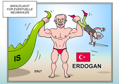 Cartoon: Türkei Neuwahlen (medium) by Erl tagged türkei,is,kurden,pkk,angriff,luftangriff,präsident,erdogan,starker,mann,stark,stärke,neuwahlen,wahlplakat,bodybuilder,drache,ritter,karikatur,erl,türkei,is,kurden,pkk,angriff,luftangriff,präsident,erdogan,starker,mann,stark,stärke,neuwahlen,wahlplakat,bodybuilder,drache,ritter