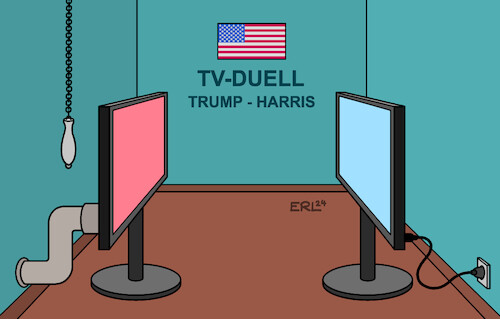 Cartoon: TV-Duell Trump - Harris (medium) by Erl tagged politik,usa,wahl,tv,duell,harris,trump,beleidigungen,klo,fernsehen,karikatur,erl,politik,usa,wahl,tv,duell,harris,trump,beleidigungen,klo,fernsehen,karikatur,erl