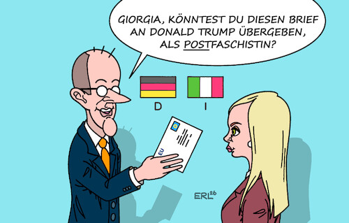 Cartoon: Vermittlerin (medium) by Erl tagged politik,eu,konflikt,usa,donald,trump,grönland,zölle,merz,italien,meloni,vermittlerin,postfaschistin,karikatur,erl,politik,eu,konflikt,usa,donald,trump,grönland,zölle,merz,italien,meloni,vermittlerin,postfaschistin,karikatur,erl