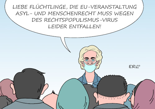 Cartoon: von der Leyen (medium) by Erl tagged politik,eu,asylrecht,werte,menschenrechte,humanität,versagen,grenze,griechenland,türkei,flüchtlinge,rechtspopulismus,ausfall,veranstaltungen,coronavirus,karikatur,erl,politik,eu,asylrecht,werte,menschenrechte,humanität,versagen,grenze,griechenland,türkei,flüchtlinge,rechtspopulismus,ausfall,veranstaltungen,coronavirus,karikatur,erl