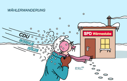 Cartoon: Wählerwanderung (medium) by Erl tagged politik,cdu,wirtschaftsflügel,wirtschaftsrat,soziale,kälte,wählerwanderung,spd,wärmestube,michel,karikatur,erl,politik,cdu,wirtschaftsflügel,wirtschaftsrat,soziale,kälte,wählerwanderung,spd,wärmestube,michel,karikatur,erl