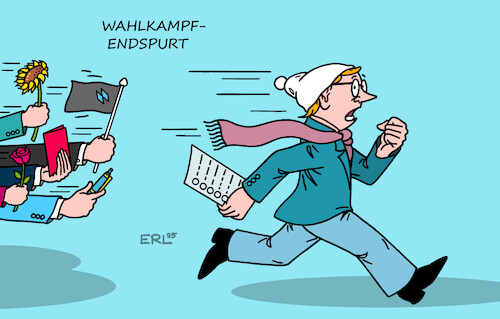 Cartoon: Wahlkampfendspurt (medium) by Erl tagged politik,bundestagswahl,2025,wahl,wahlkampf,endspurt,parteien,wählerin,wähler,michel,karikatur,erl,politik,bundestagswahl,2025,wahl,wahlkampf,endspurt,parteien,wählerin,wähler,michel,karikatur,erl