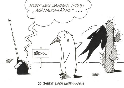 Cartoon: Wort des Jahres (medium) by Erl tagged klima,klimawandel,klimakonferenz,kopenhagen,erderwärmung,südpol,pinguin,frack,abwrackprämie,umwelt,natur