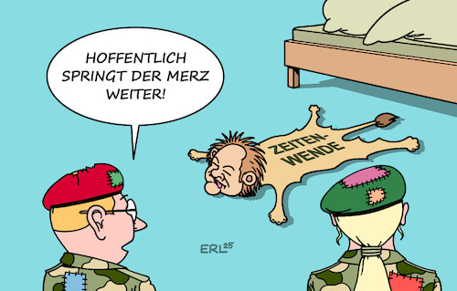 Cartoon: Zeitenwende (medium) by Erl tagged politik,verteidigung,bundeswehr,scholz,zeitenwende,sprung,bettvorleger,ausrüstung,personal,merz,karikatur,erl,politik,verteidigung,bundeswehr,scholz,zeitenwende,sprung,bettvorleger,ausrüstung,personal,merz,karikatur,erl