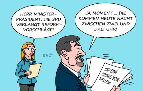 Cartoon: Zeitumstellung (medium) by Erl tagged politik,regierung,reform,vorschläge,spd,söder,csu,ausrede,zeitumstellung,uhr,vorstellen,karikatur,erl,politik,regierung,reform,vorschläge,spd,söder,csu,ausrede,zeitumstellung,uhr,vorstellen,karikatur,erl