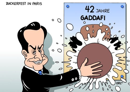 Cartoon: Zuckerfest in Paris (medium) by Erl tagged libyen,42,jahre,diktator,gaddafi,sturz,rebellen,bürgerkrieg,nato,einsatz,frankreich,sarkozy,konferenz,wiederaufbau,paris,ramadan,ende,zuckerfest,libyen,diktator,gaddafi,sturz,rebellen,bürgerkrieg,nato,einsatz,frankreich,sarkozy,konferenz