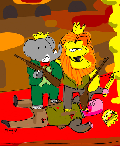Cartoon: Babar and Lion King on Vacations (medium) by Munguia tagged spain,king,elephant,hunt,hunter,kill,animal,lion,babar