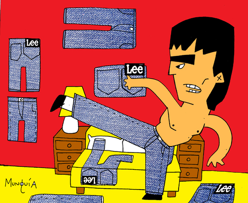 Cartoon: Bruce testing Lee (medium) by Munguia tagged bruce,lee,pants,testing,dress,wear,blue,jeans,karate,martial,arts