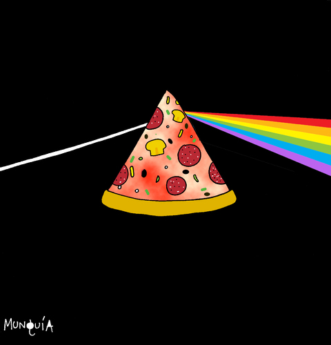 Cartoon: Dark side of the pizza (medium) by Munguia tagged pizzapitch,moon,pink,floyd,colours,dark,side,munguia,cover,album,disc,music,rock,progresive