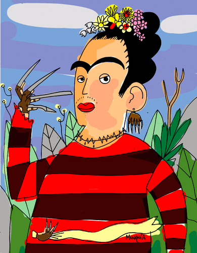 Cartoon: Frida Kruger (medium) by Munguia tagged frida,kahlo,self,portrait,freddy,kruger,hand,earing,painting,mexico,costa,rica,80s,30s,munguia,calcamunguias,famous,paintings,parodies